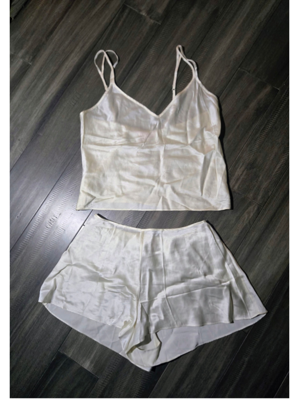 Vintage Victoria's Secret Ivory Satin Camisole & Tap Shorts Sleep Set. M
